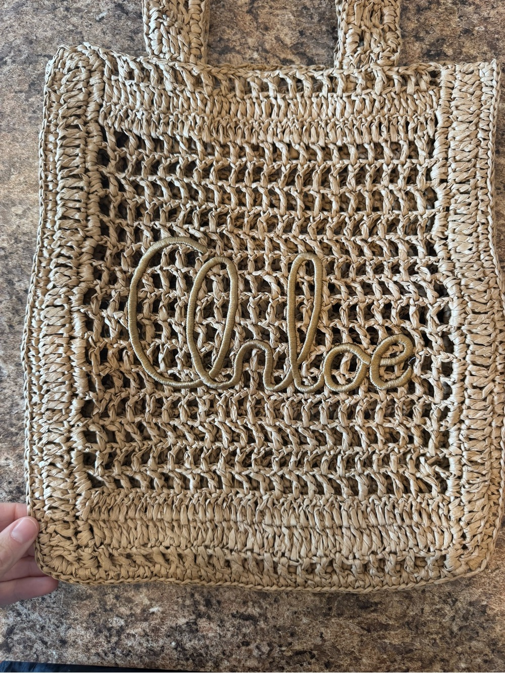 Chloe Beige Woven Straw Tote with Script Logo - Picture 2 of 8
